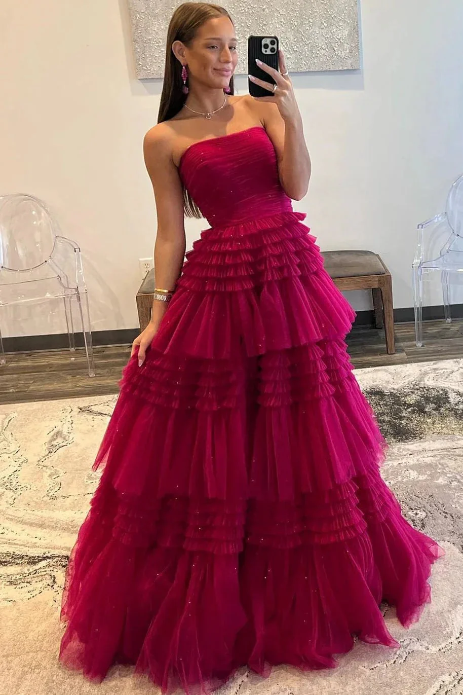 Daniela |A-Line Strapless Tulle Long Prom Dress with Tiered Ruffles - Image 3