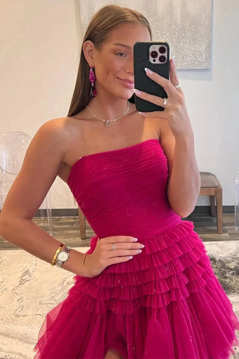 Daniela |A-Line Strapless Tulle Long Prom Dress with Tiered Ruffles - Image 4