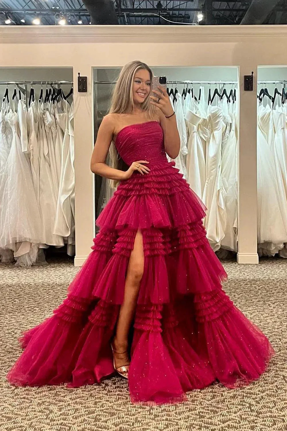 Daniela |A-Line Strapless Tulle Long Prom Dress with Tiered Ruffles - Image 5