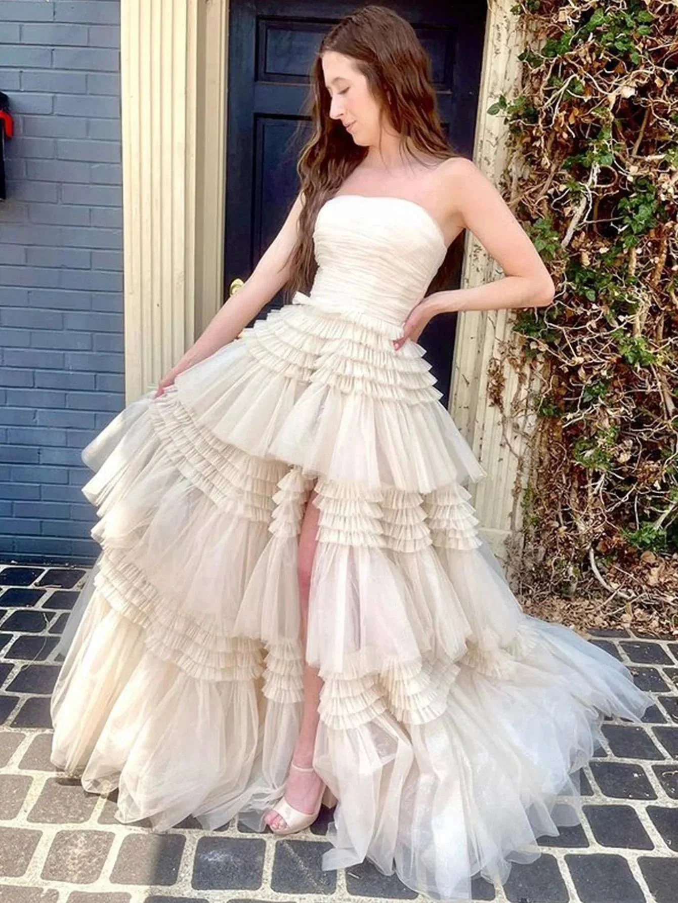Daniela |A-Line Strapless Tulle Long Prom Dress with Tiered Ruffles - Image 6