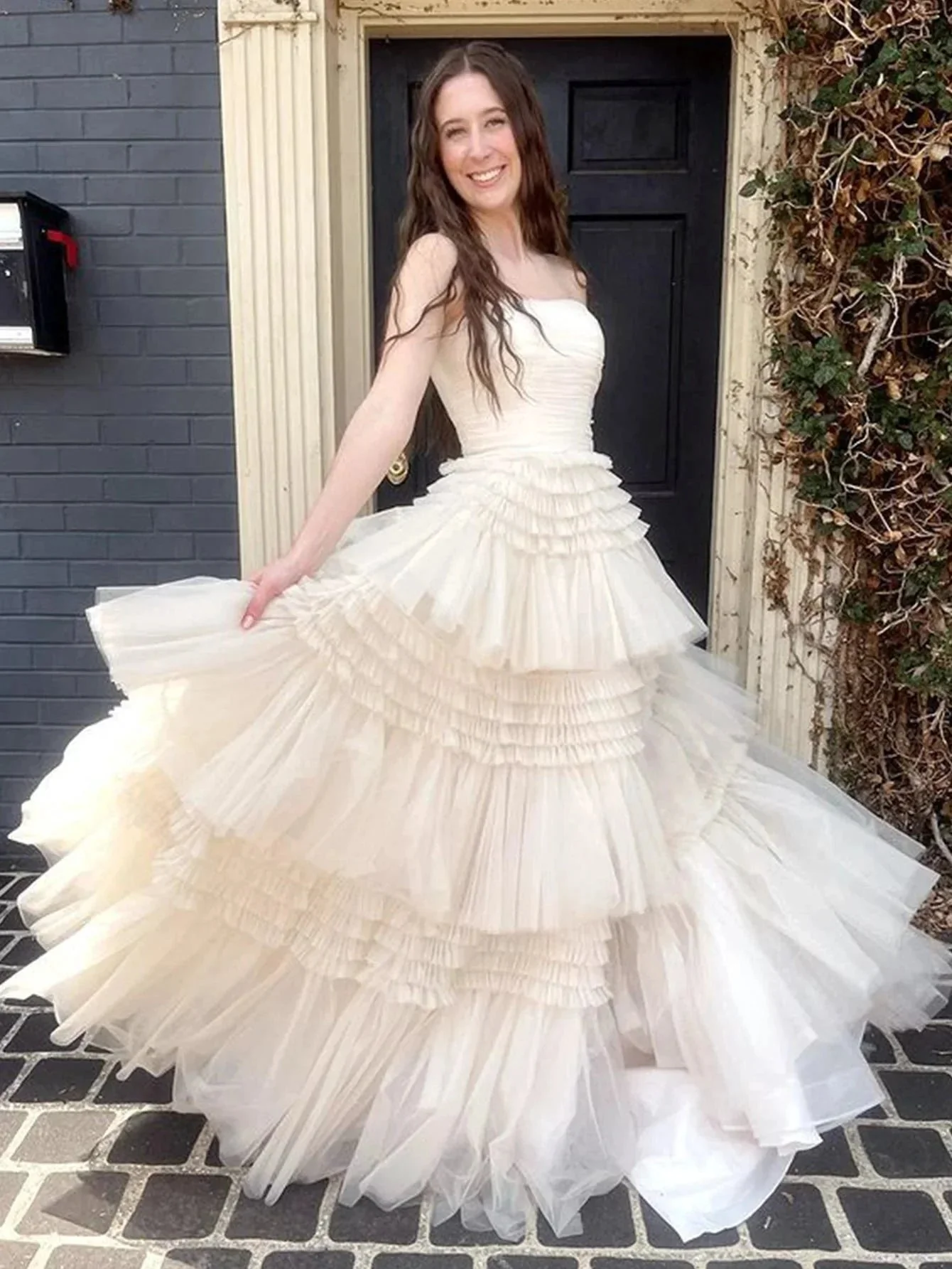 Daniela |A-Line Strapless Tulle Long Prom Dress with Tiered Ruffles - Image 7