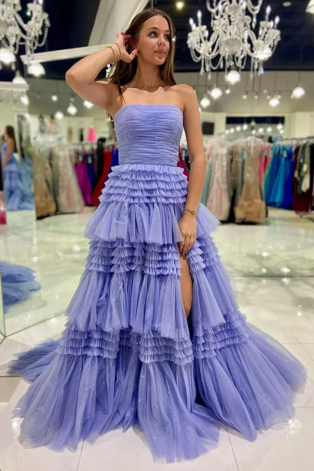 Daniela |A-Line Strapless Tulle Long Prom Dress with Tiered Ruffles - Image 8