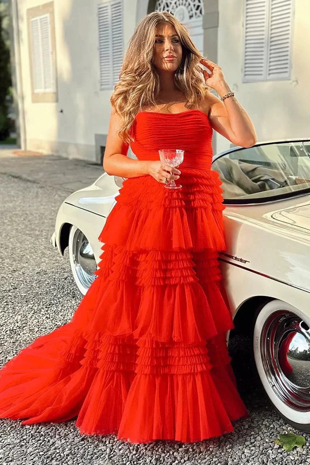 Daniela |A-Line Strapless Tulle Long Prom Dress with Tiered Ruffles - Image 9