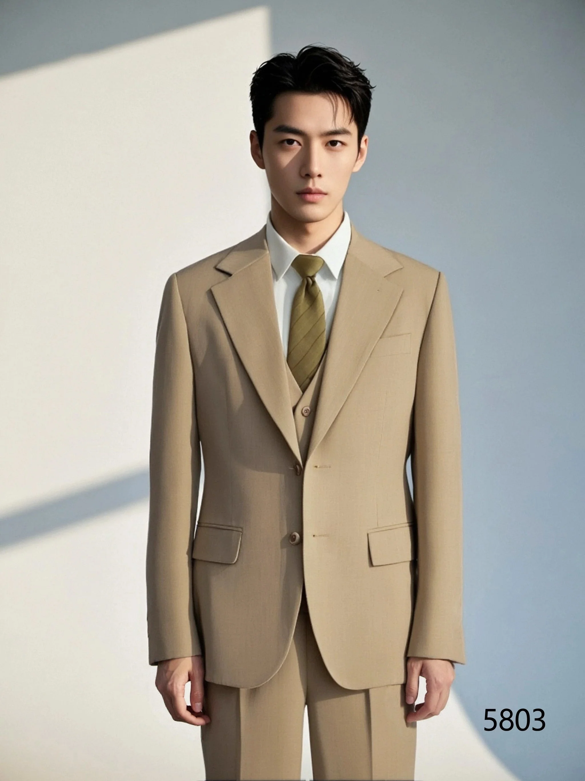 Beige Linen Blend 3 Piece Tailored Wedding Suit For Groom And Groomsmen - Image 4