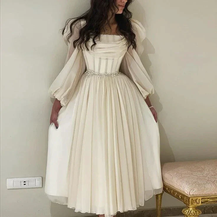Beige Short Midi Arabic Evening Dress with Belt Long Sleeve Tea Length Women Formal Wedding Party Gowns Y4847 - Image 2
