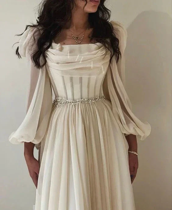 Beige Short Midi Arabic Evening Dress with Belt Long Sleeve Tea Length Women Formal Wedding Party Gowns Y4847 - Image 3