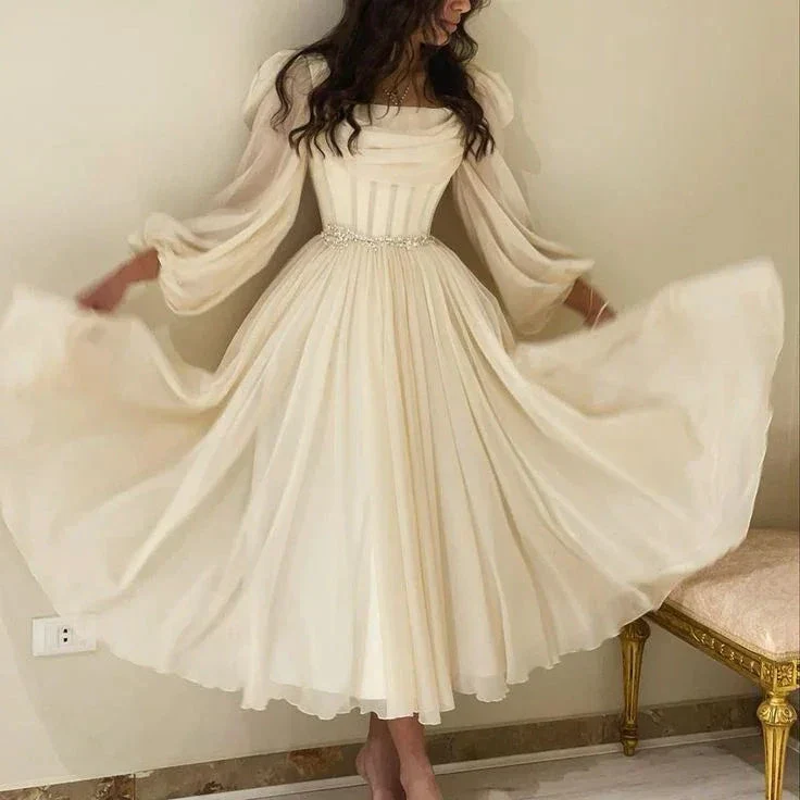 Beige Short Midi Arabic Evening Dress with Belt Long Sleeve Tea Length Women Formal Wedding Party Gowns Y4847 - Image 4