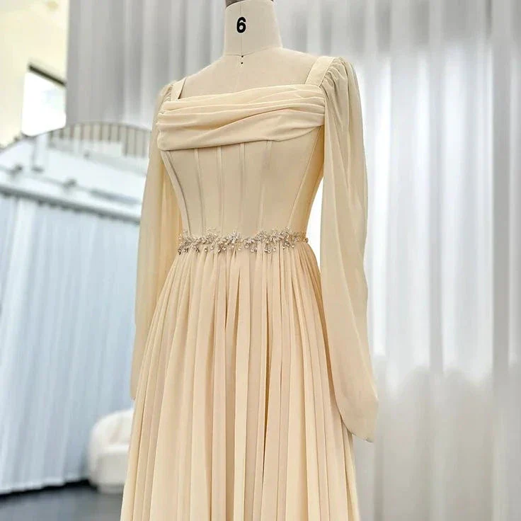 Beige Short Midi Arabic Evening Dress with Belt Long Sleeve Tea Length Women Formal Wedding Party Gowns Y4847 - Image 5
