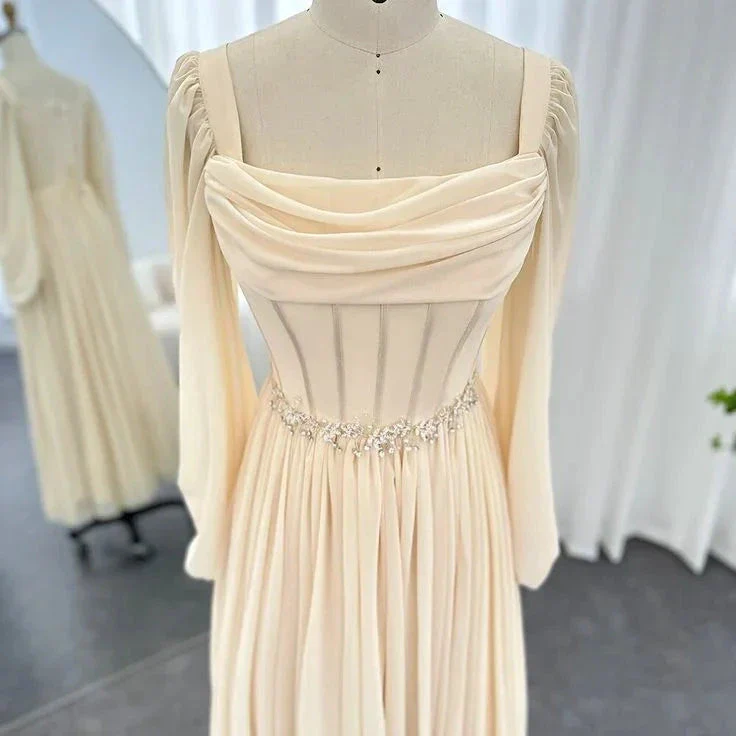Beige Short Midi Arabic Evening Dress with Belt Long Sleeve Tea Length Women Formal Wedding Party Gowns Y4847 - Image 6