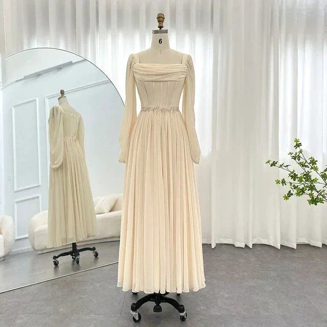 Beige Short Midi Arabic Evening Dress with Belt Long Sleeve Tea Length Women Formal Wedding Party Gowns Y4847 - Image 7