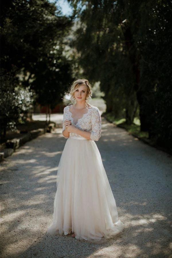 Belt Tulle V-neck Half Sleeves A-line Wedding Dress Bridal Gown WD401 - Image 2