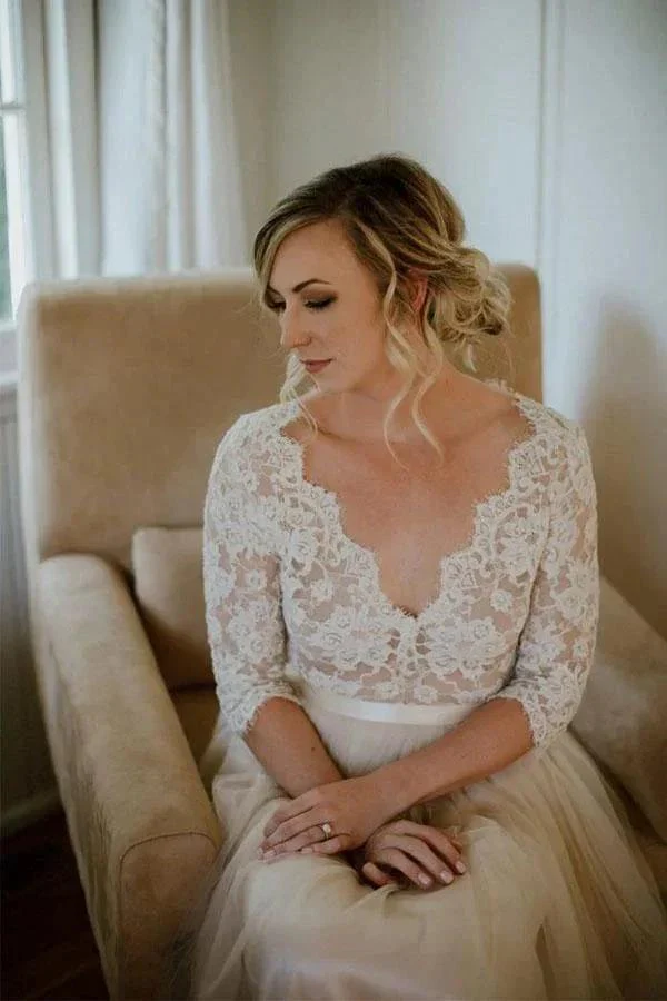 Belt Tulle V-neck Half Sleeves A-line Wedding Dress Bridal Gown WD401 - Image 3