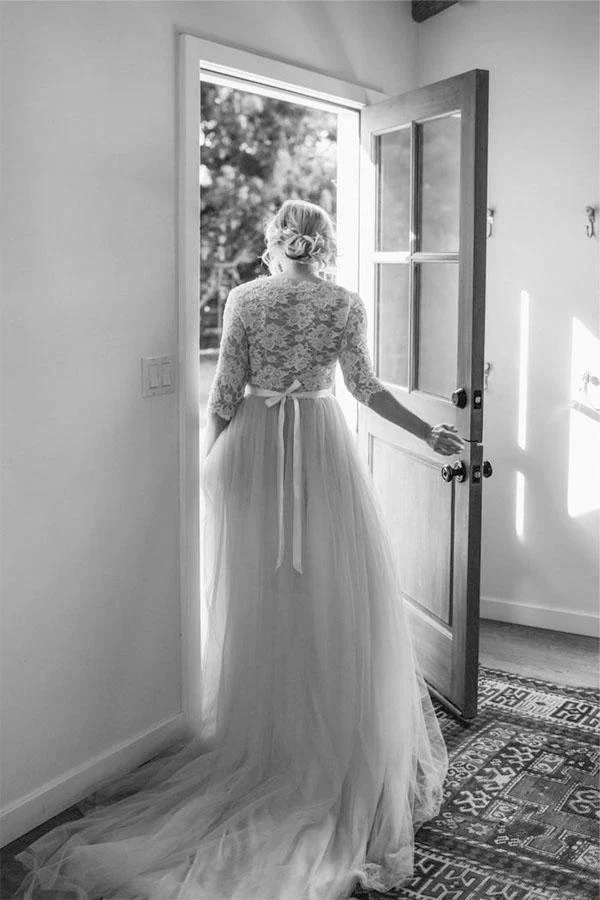 Belt Tulle V-neck Half Sleeves A-line Wedding Dress Bridal Gown WD401 - Image 4