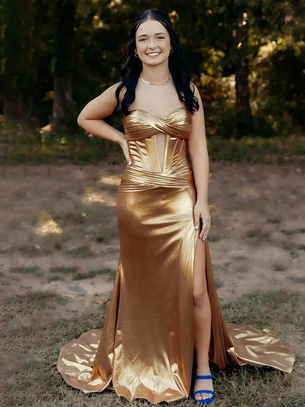 Bencelina | Mermaid Sweetheart Green Metallic Long Prom Dress with Slit - Image 5