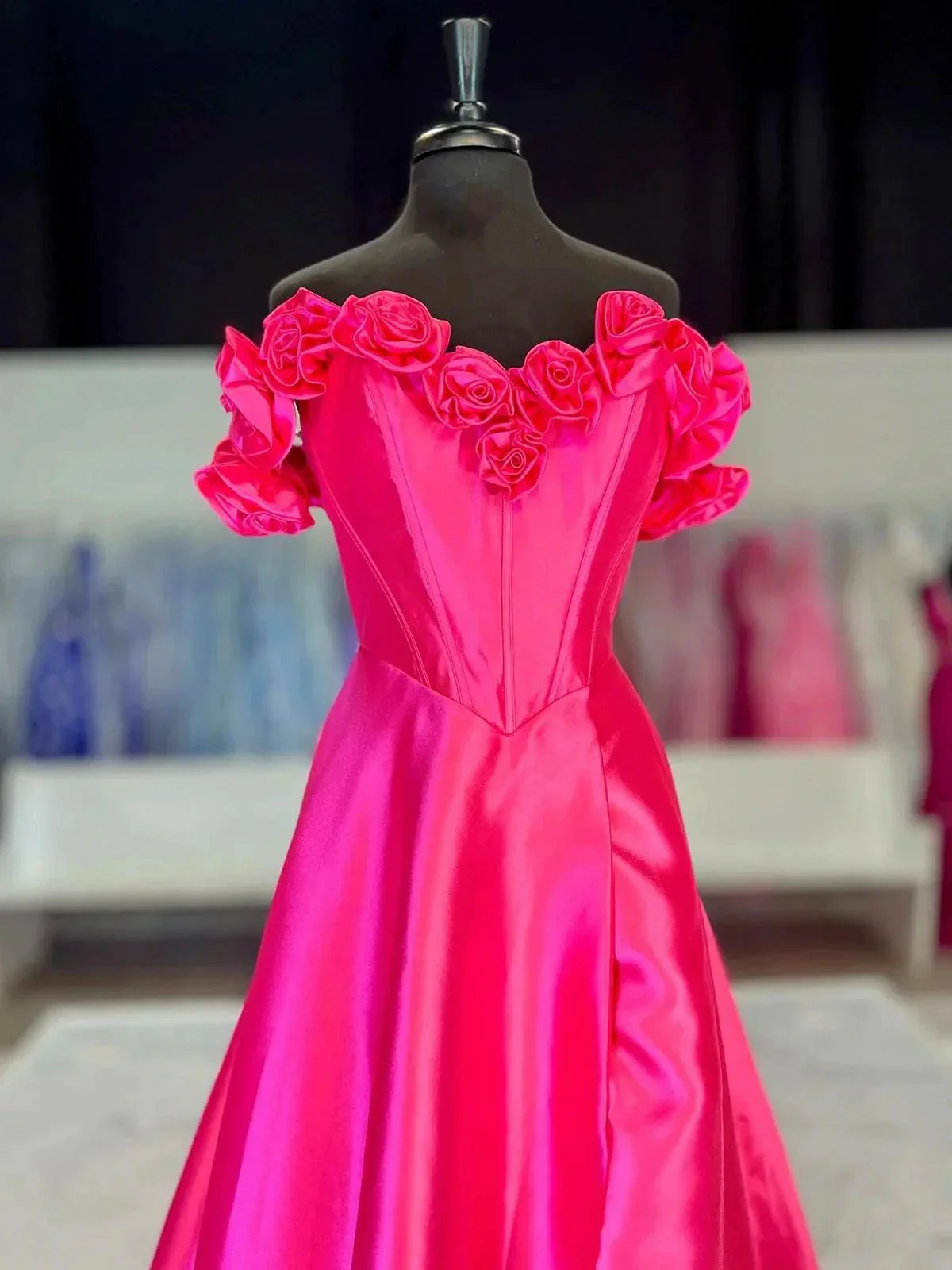 Benson | Fuchsia Off the Shoulder Corset Bodice A-Line Prom Dress - Image 3