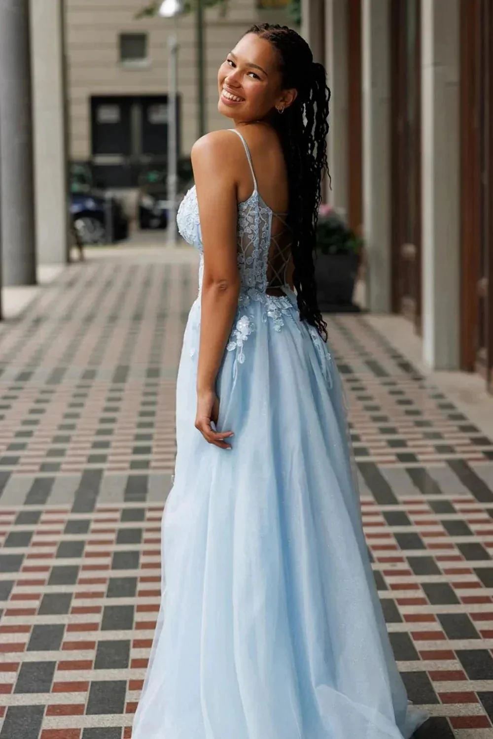 Bertram | A-Line Tulle Blue Long Corset Spaghetti Straps Prom Dress with Appliques - Image 3
