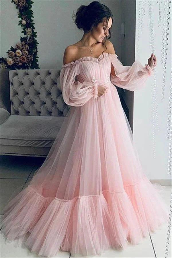 Best Long A-line Off-the-shoulder Tulle Prom Dress with Sleeves - Image 2