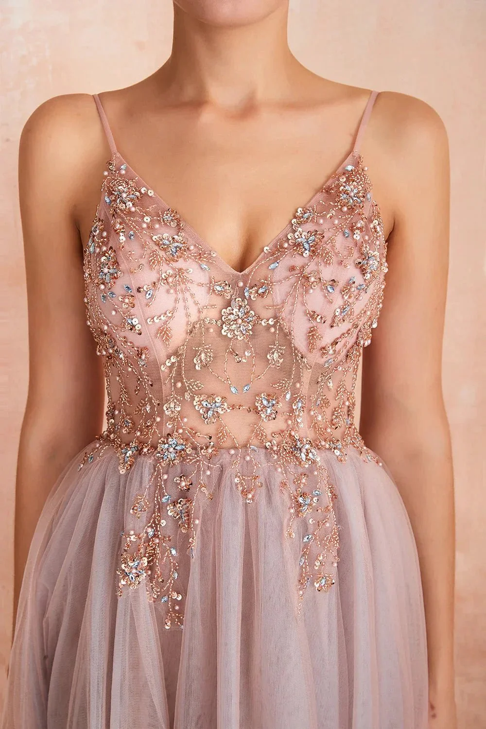 Best Long A-line V-neck Sleeveless Tulle Prom Dress with Slit - Image 10