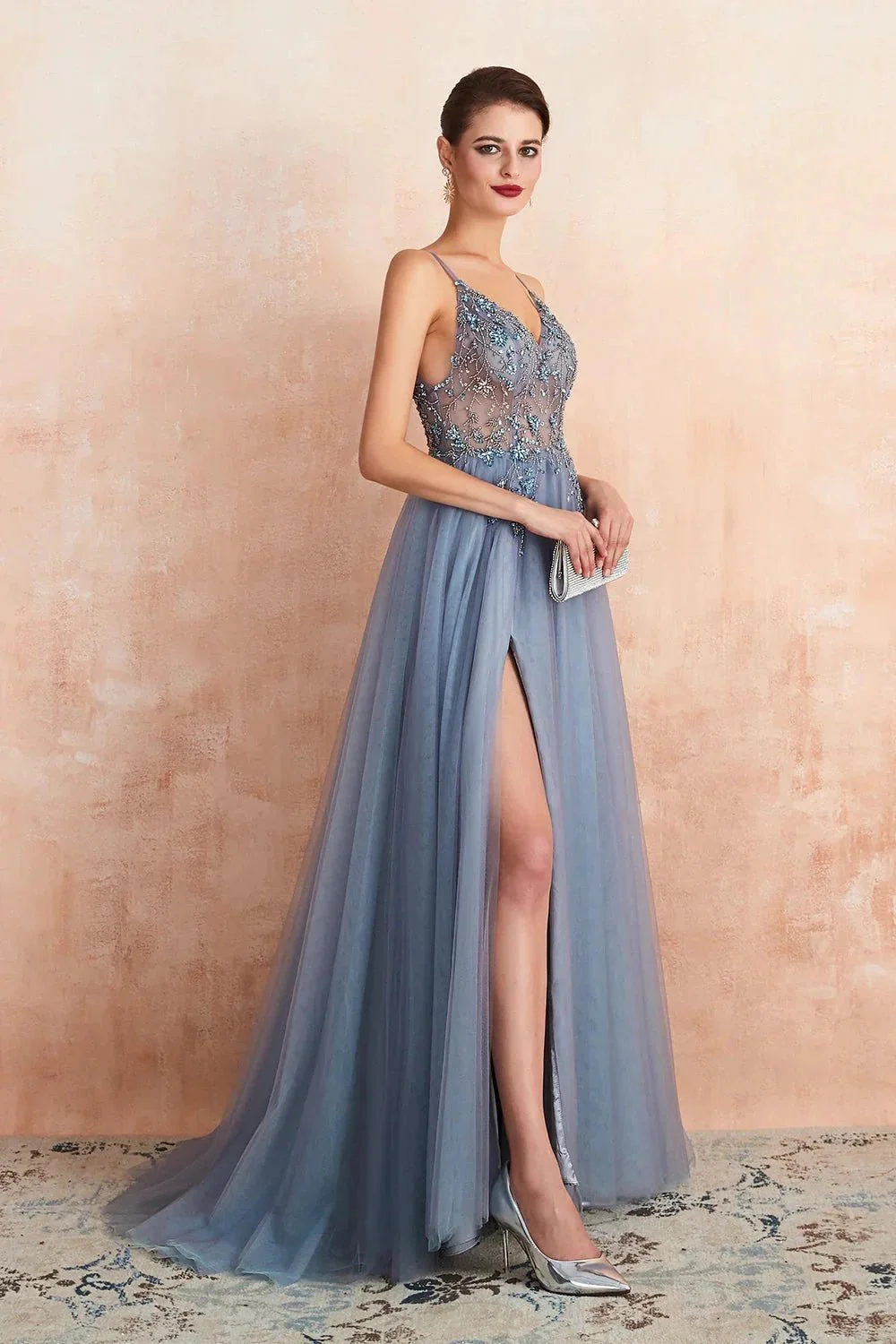 Best Long A-line V-neck Sleeveless Tulle Prom Dress with Slit - Image 2