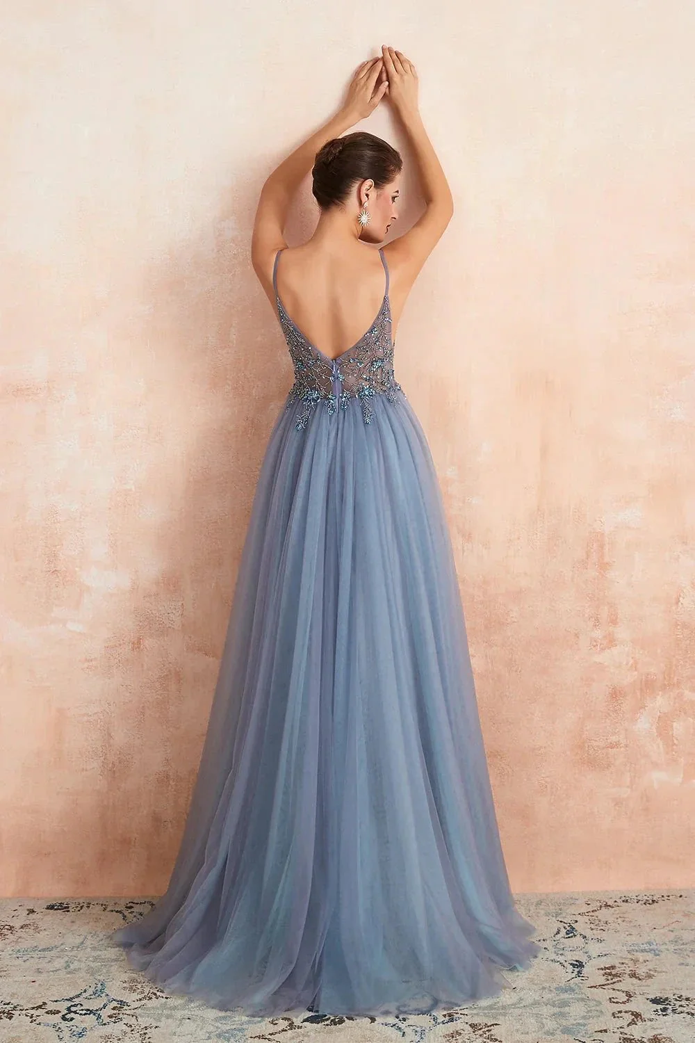 Best Long A-line V-neck Sleeveless Tulle Prom Dress with Slit - Image 3
