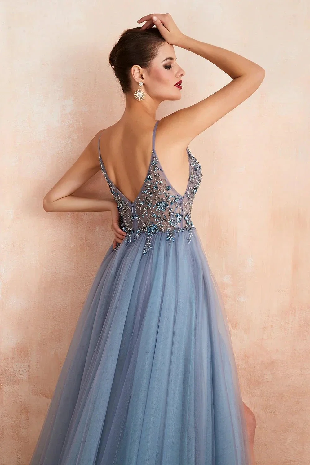 Best Long A-line V-neck Sleeveless Tulle Prom Dress with Slit - Image 4