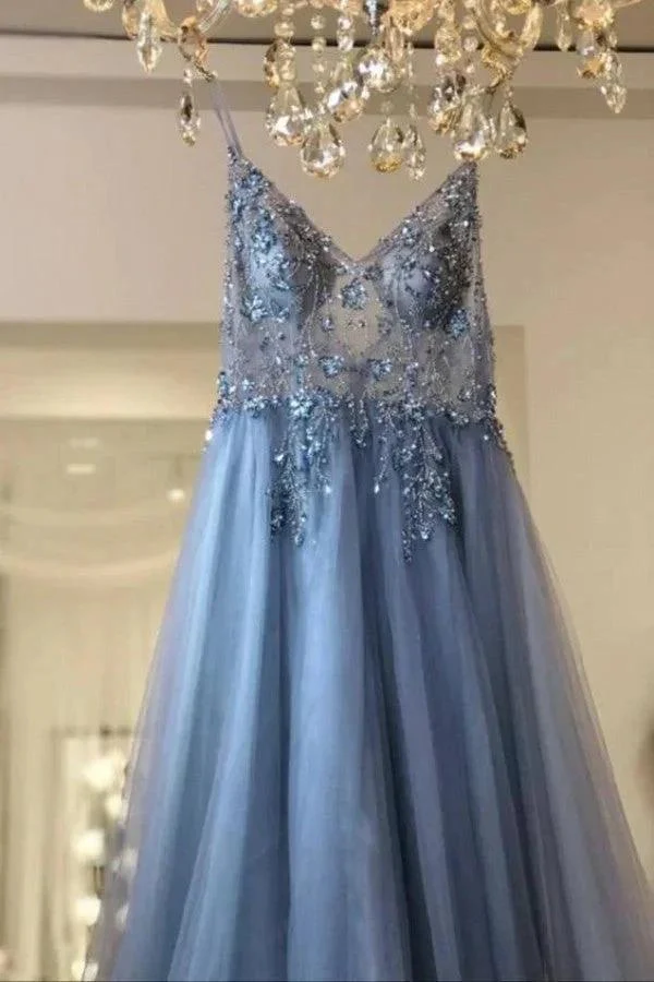 Best Long A-line V-neck Sleeveless Tulle Prom Dress with Slit - Image 6