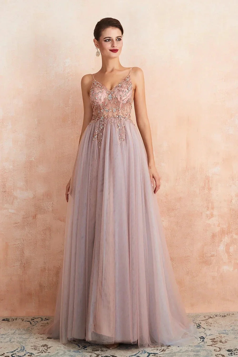 Best Long A-line V-neck Sleeveless Tulle Prom Dress with Slit - Image 8
