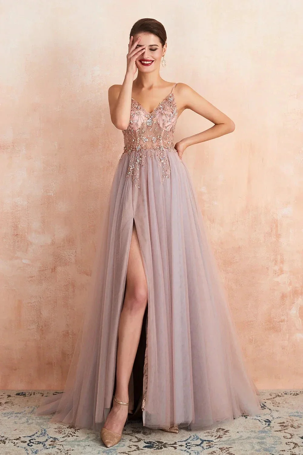 Best Long A-line V-neck Sleeveless Tulle Prom Dress with Slit - Image 9