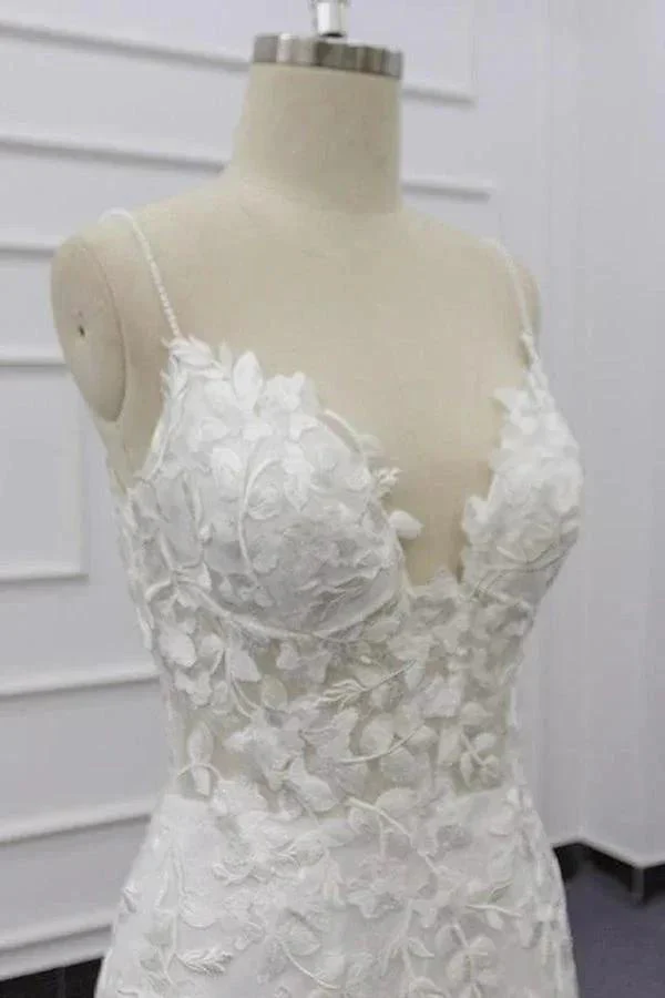 Best Long Mermaid Spaghetti Strap Appliques Lace Wedding Dress - Image 6