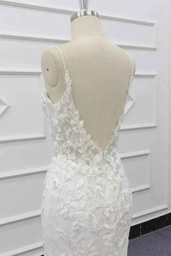 Best Long Mermaid Spaghetti Strap Appliques Lace Wedding Dress - Image 7