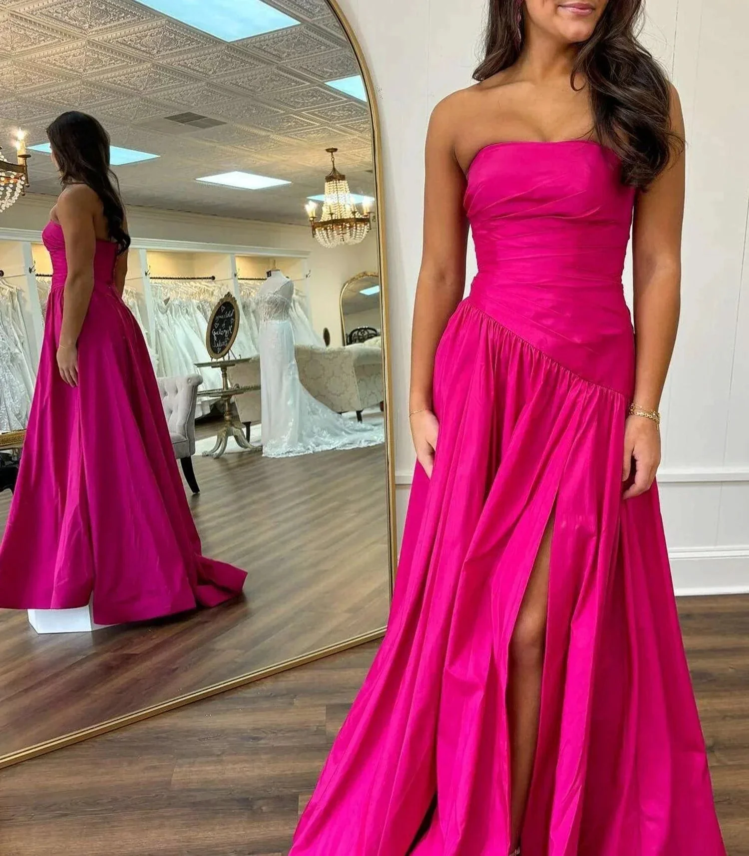 Beth | Fuchsia Strapless Taffeta A-line Long Formal Dress - Image 2