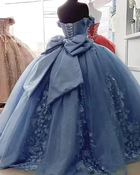 Big Bow Floral Flower Lace Applique Quinceanera Dresses Off Shoulder Sweet 16 Dress Ball Gown Y4263 - Image 2