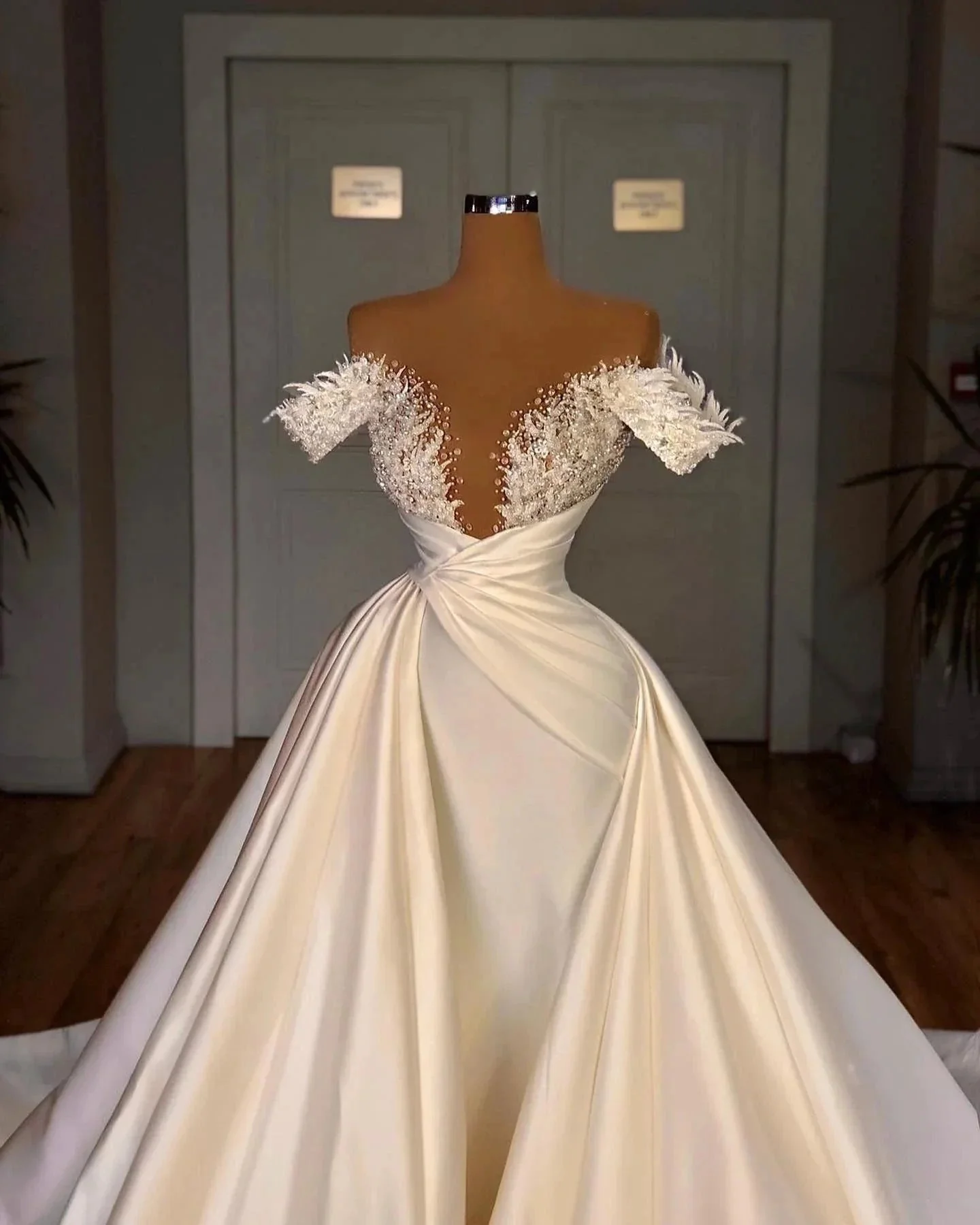 Biztunnel Charming Long A-line Off-the-shoulder Satin Lace Wedding Dresses - Image 2