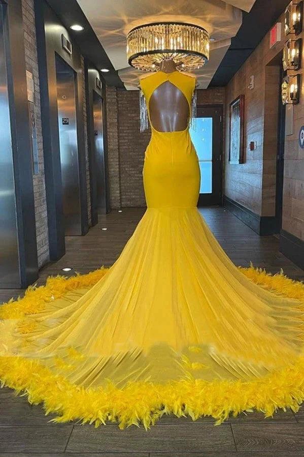 Biztunnel Charming Yellow Long Mermaid Sweetheart Tulle Beading Backless Prom Dress - Image 2