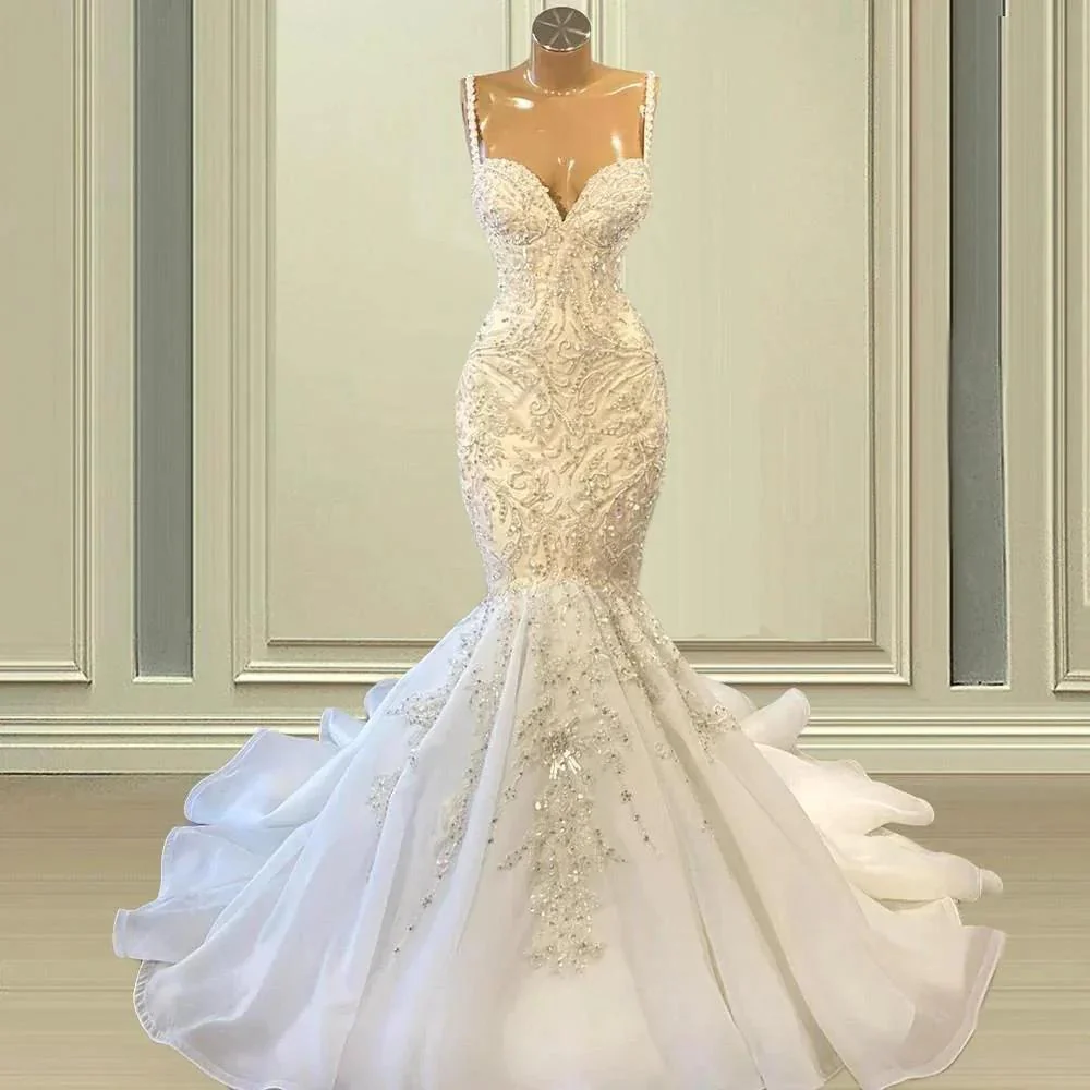 Biztunnel Elegant Long Mermaid Sweetheart Sleeveless Tulle Lace Wedding Dress - Image 2