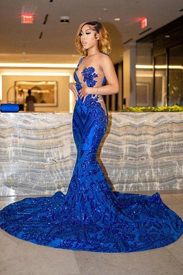 Biztunnel Fabulous Long Mermaid Jewel Asymmetrical Tulle Lace Prom Dress - Image 2