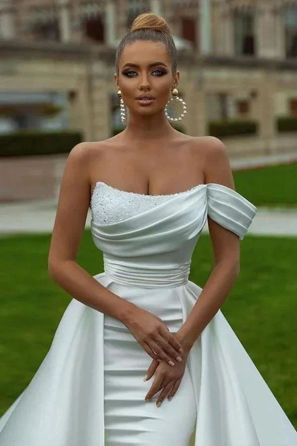 Biztunnel Fabulous Long Mermaid One Shoulder Chapel Train Satin Wedding Dress with Ruffles - Image 2