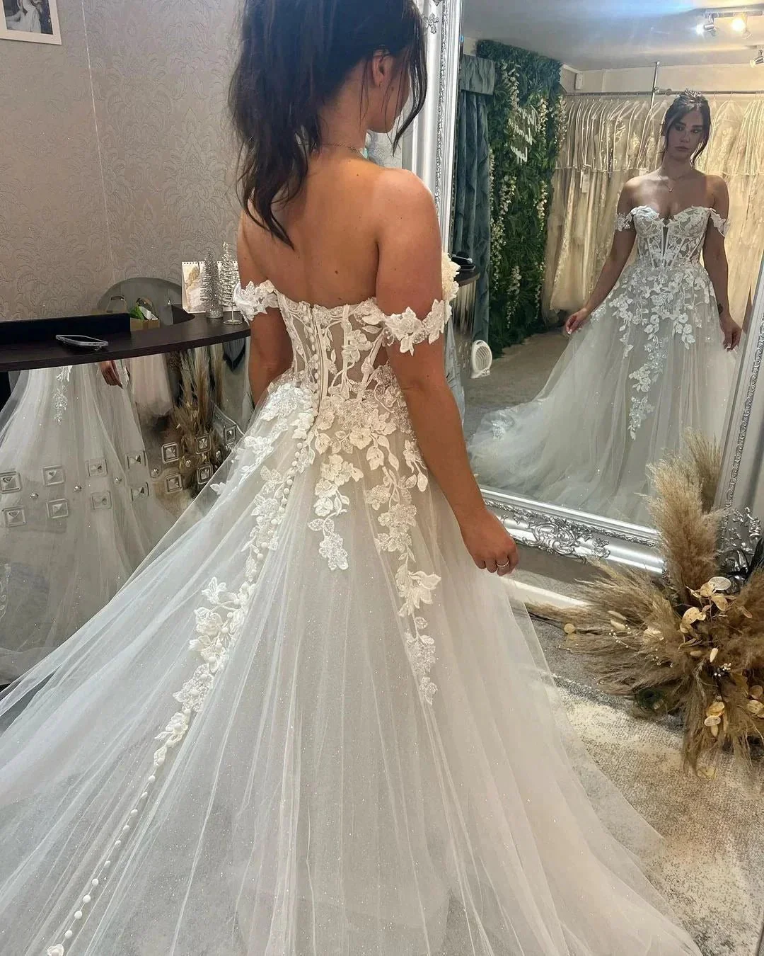 Biztunnel Long A-line Off the Shoulder Tulle Lace Wedding Dresses with Train - Image 2