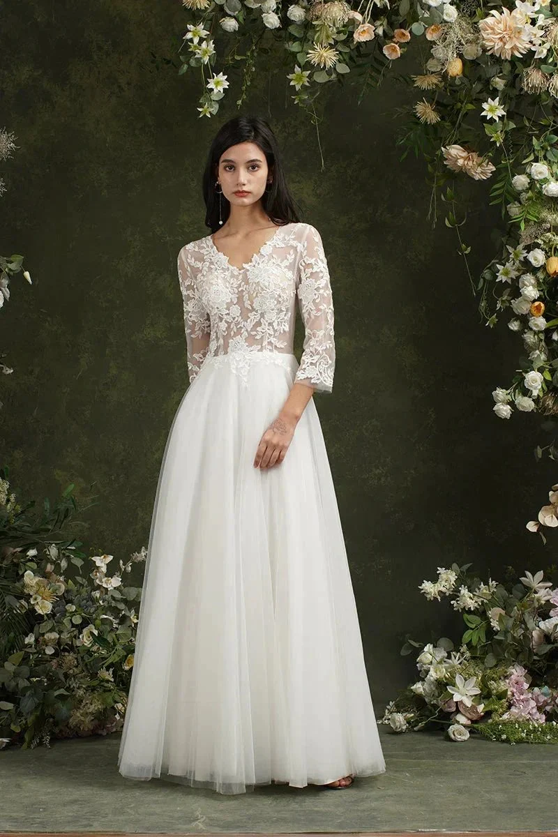 Biztunnel Long A-line Sweetheart Chiffon Lace Wedding Dresses with Sleeves - Image 2