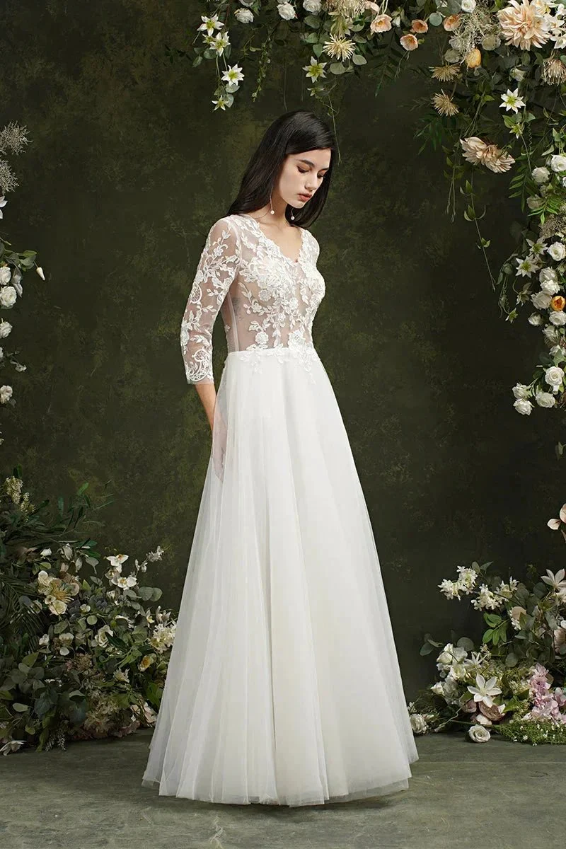 Biztunnel Long A-line Sweetheart Chiffon Lace Wedding Dresses with Sleeves - Image 3