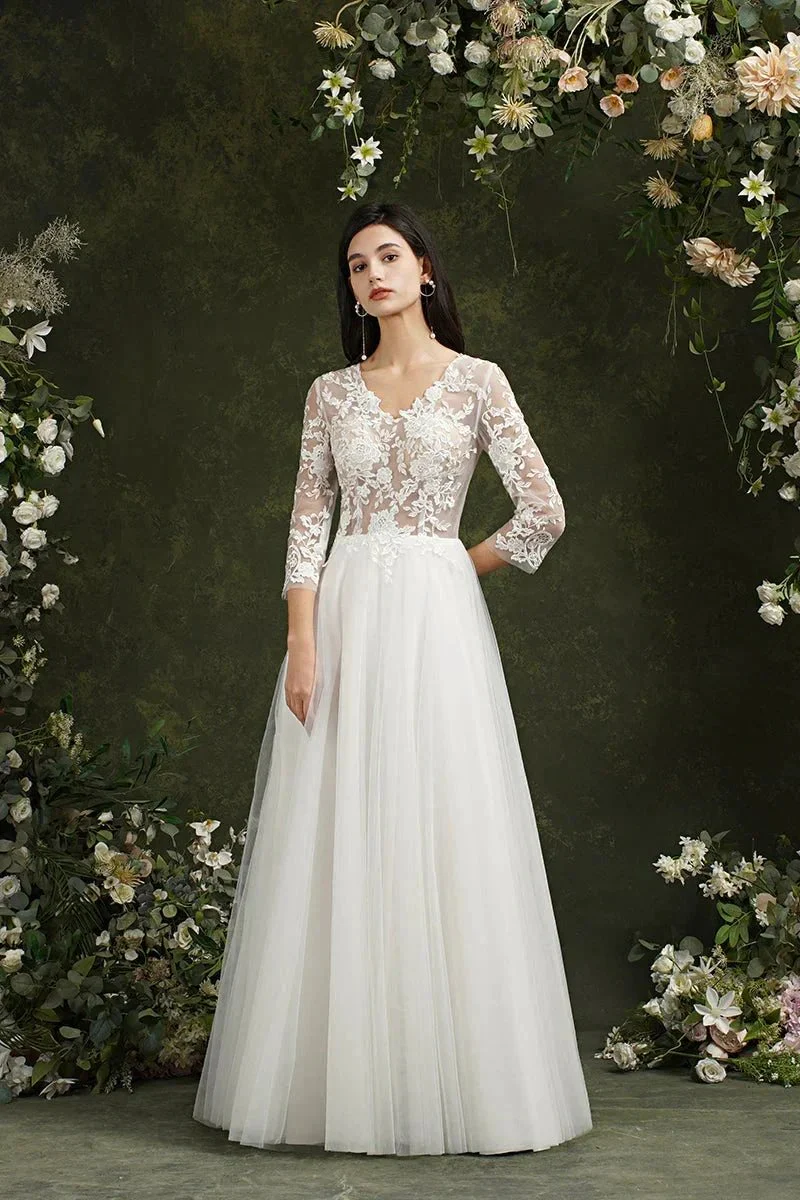 Biztunnel Long A-line Sweetheart Chiffon Lace Wedding Dresses with Sleeves - Image 4