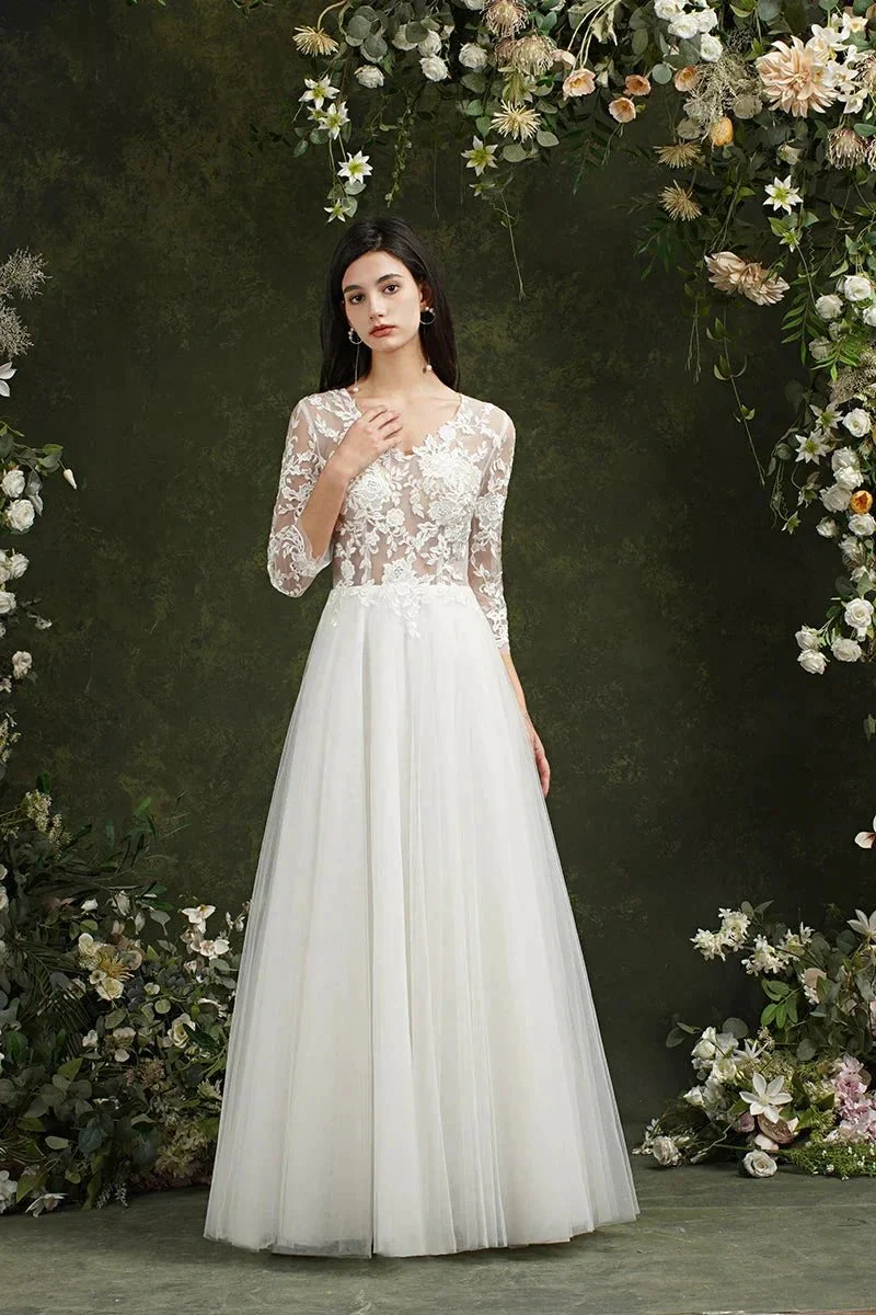 Biztunnel Long A-line Sweetheart Chiffon Lace Wedding Dresses with Sleeves - Image 5