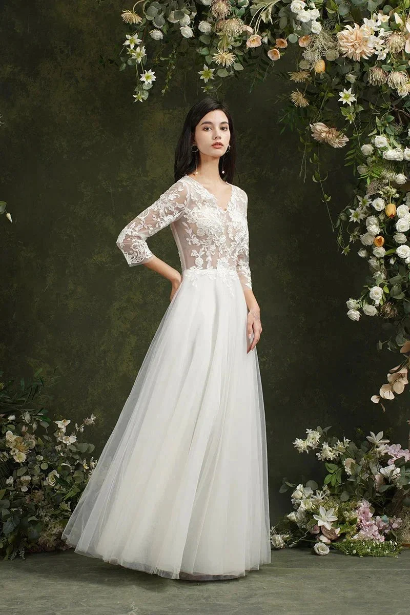 Biztunnel Long A-line Sweetheart Chiffon Lace Wedding Dresses with Sleeves - Image 6