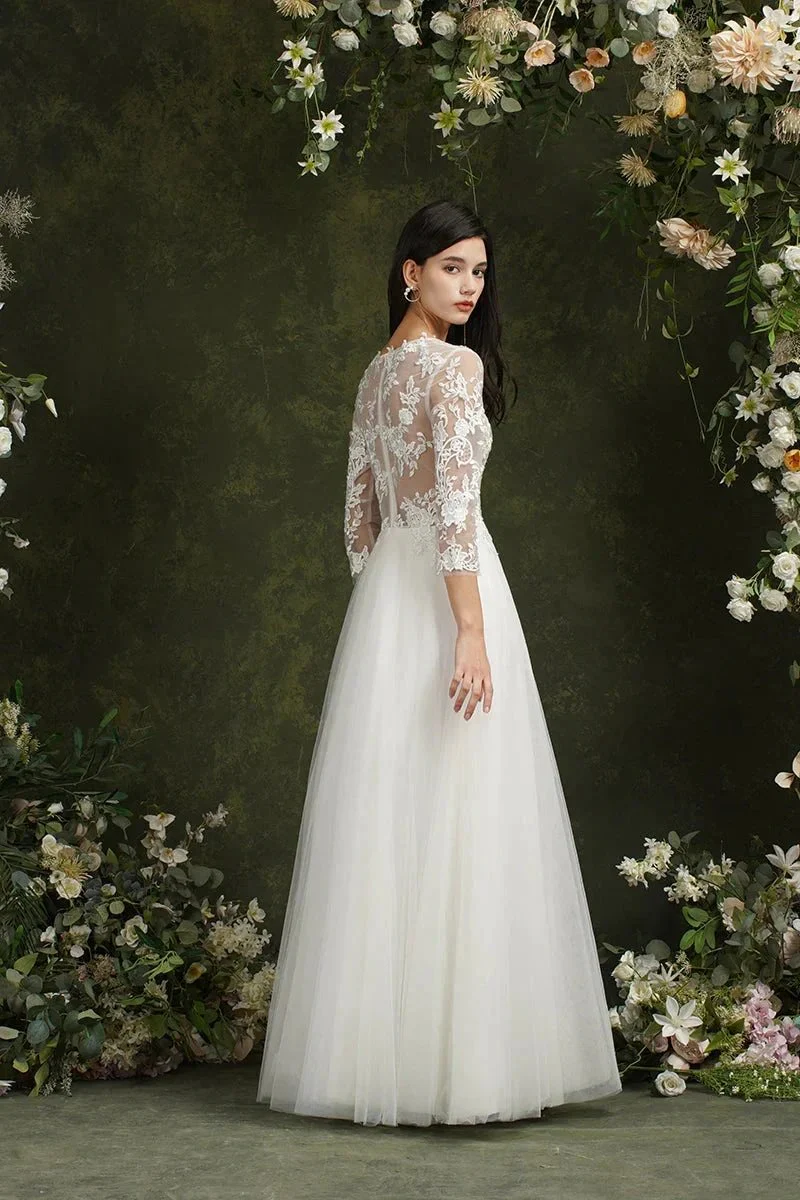 Biztunnel Long A-line Sweetheart Chiffon Lace Wedding Dresses with Sleeves - Image 7