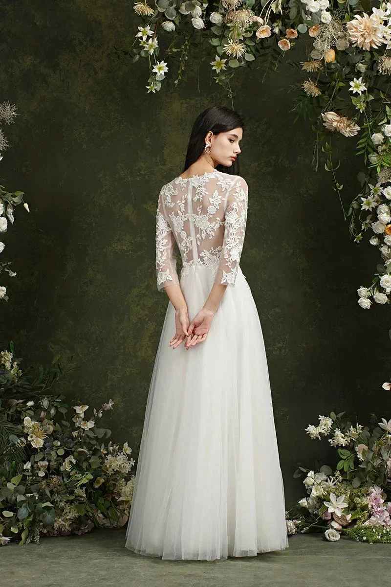 Biztunnel Long A-line Sweetheart Chiffon Lace Wedding Dresses with Sleeves - Image 8