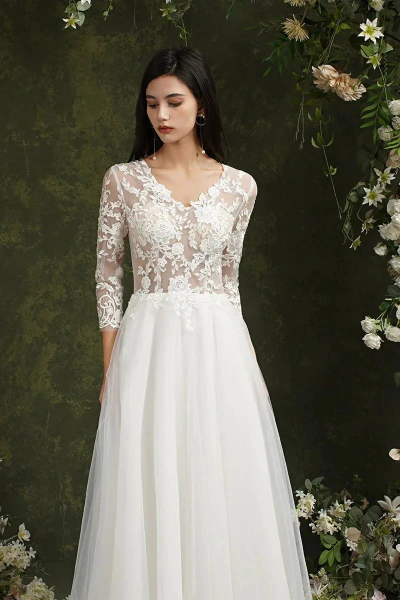 Biztunnel Long A-line Sweetheart Chiffon Lace Wedding Dresses with Sleeves - Image 9