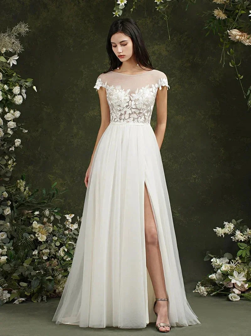 Biztunnel Long A-line Sweetheart Chiffon Lace Wedding Dresses with slit - Image 2