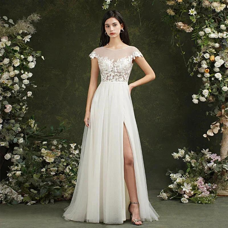 Biztunnel Long A-line Sweetheart Chiffon Lace Wedding Dresses with slit - Image 3