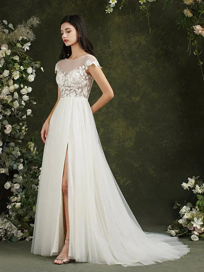 Biztunnel Long A-line Sweetheart Chiffon Lace Wedding Dresses with slit - Image 4