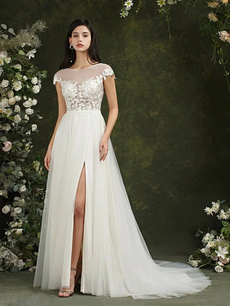 Biztunnel Long A-line Sweetheart Chiffon Lace Wedding Dresses with slit - Image 5